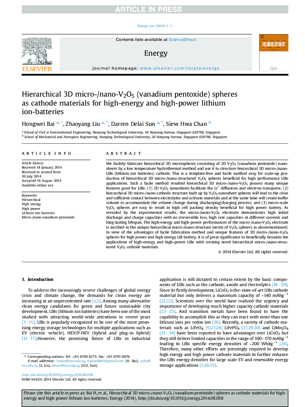 Hierarchical 3D micro-/nano-V2O5 (vanadium pentoxide) spheres as cathode materials for high-energy and high-power lithium ion-batteries