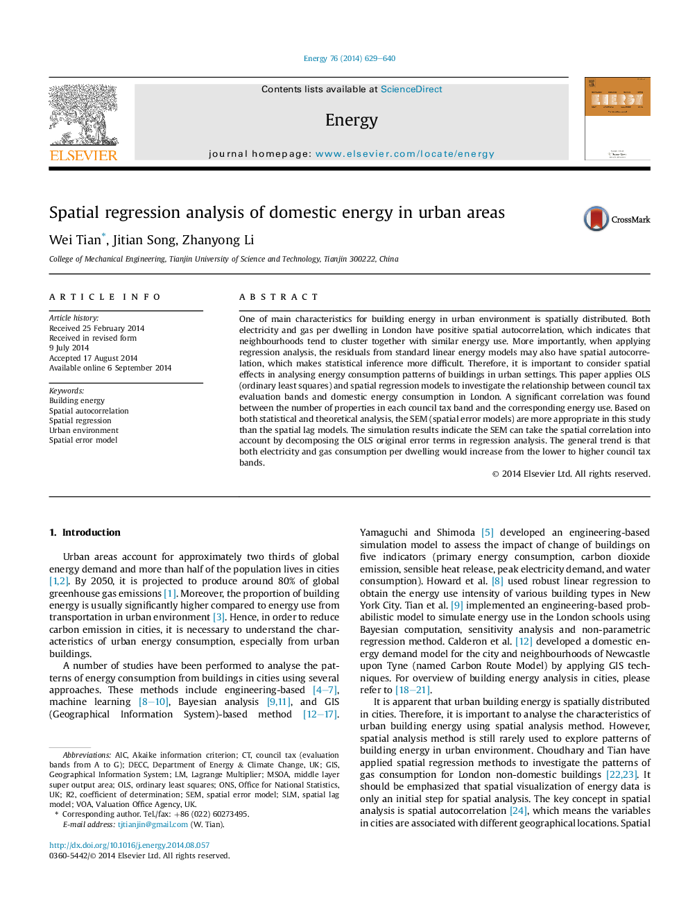 Spatial regression analysis of domestic energy in urban areas