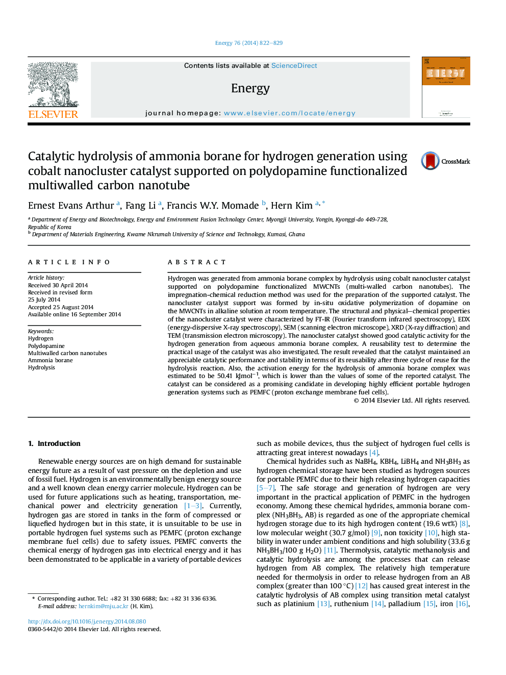 Catalytic hydrolysis of ammonia borane for hydrogen generation using cobalt nanocluster catalyst supported on polydopamine functionalized multiwalled carbon nanotube