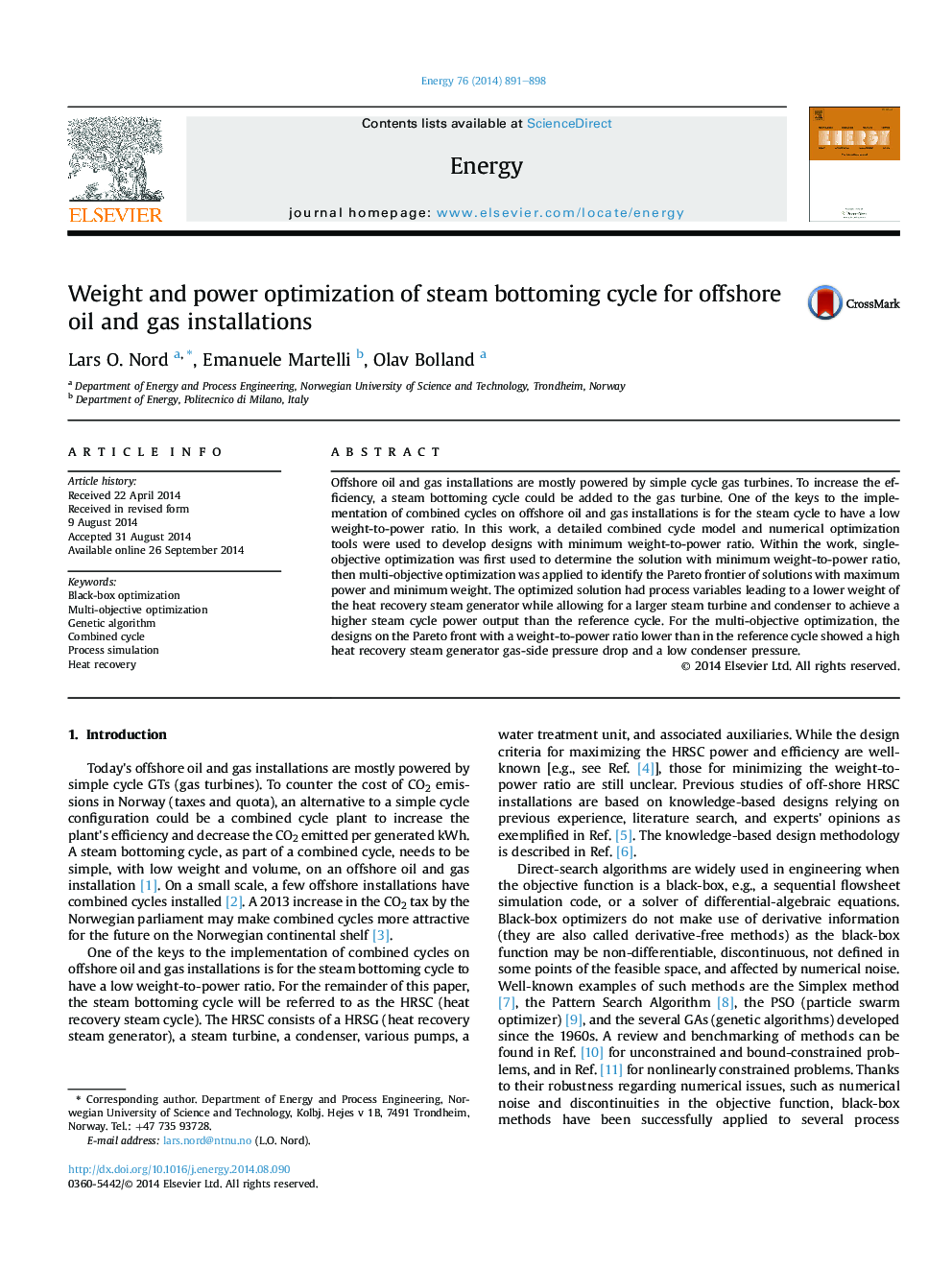 Weight and power optimization of steam bottoming cycle for offshore oil and gas installations