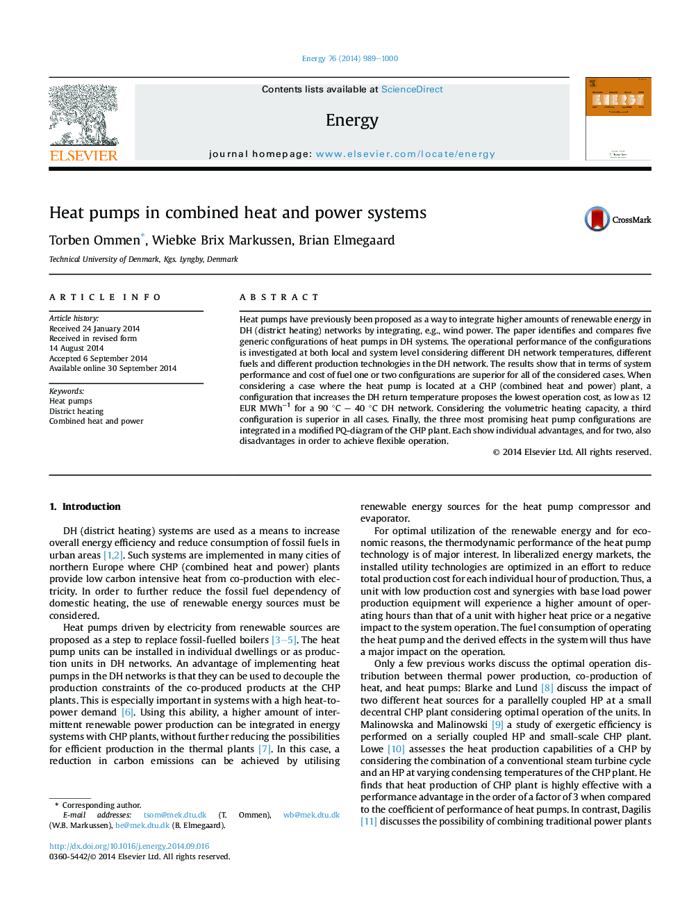 Heat pumps in combined heat and power systems