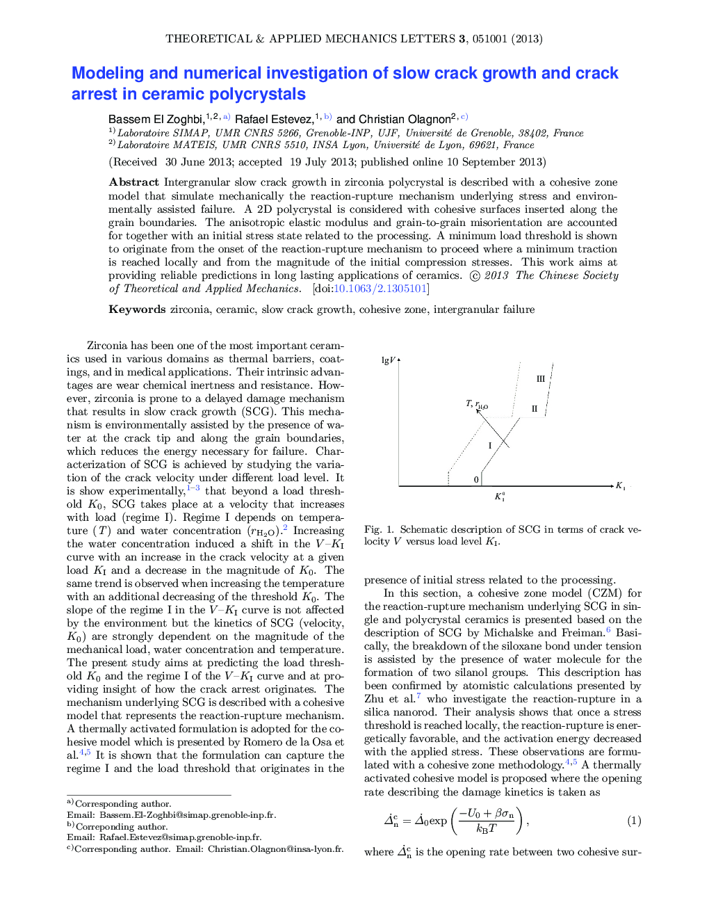 Modeling and numerical investigation of slow crack growth and crack arrest in ceramic polycrystals