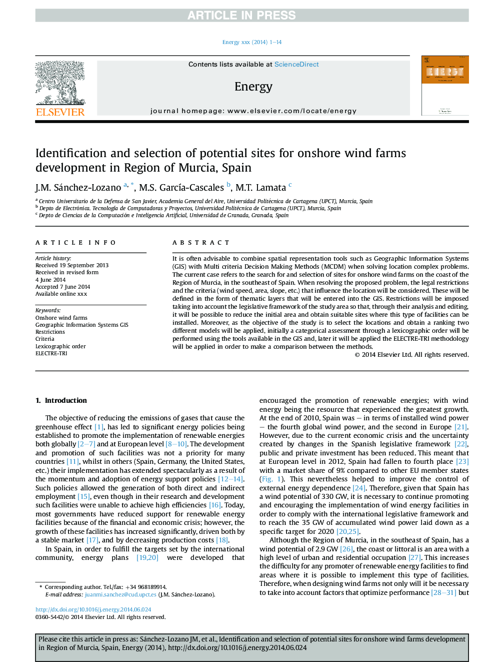 Identification and selection of potential sites for onshore wind farms development in Region of Murcia, Spain