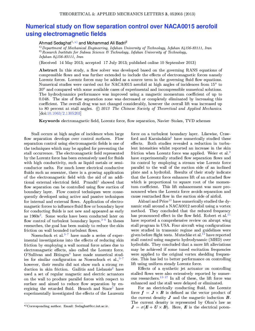 Numerical study on flow separation control over NACA0015 aerofoil using electromagnetic fields