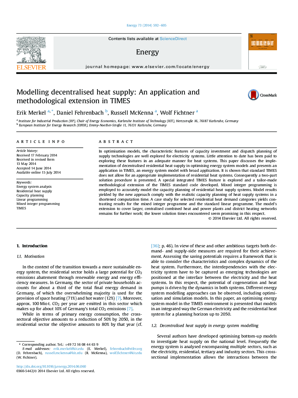 Modelling decentralised heat supply: An application and methodological extension in TIMES