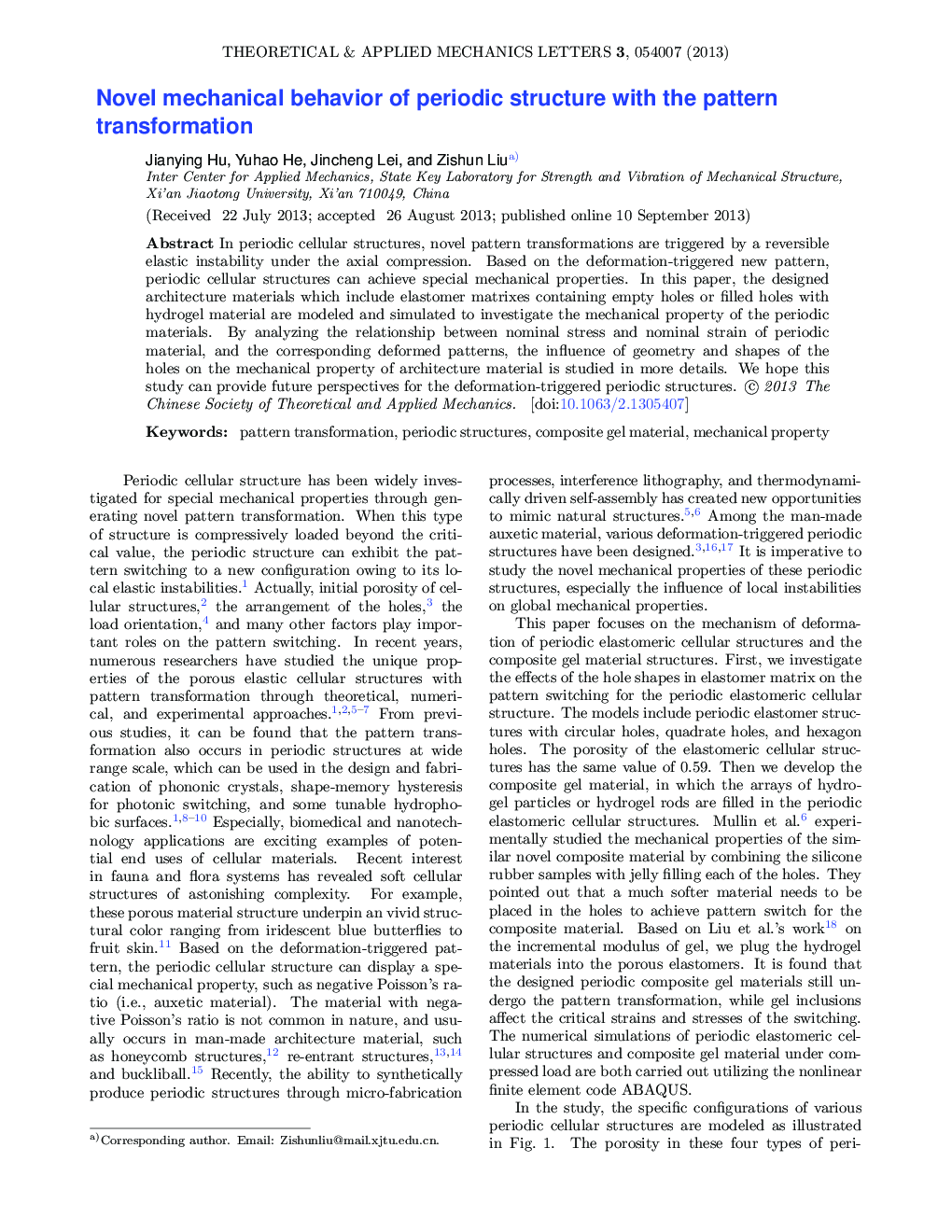 عکس صفحه اول مقاله: Novel mechanical behavior of periodic structure with the pattern transformation Novel mechanical behavior of periodic structure with the pattern transformation