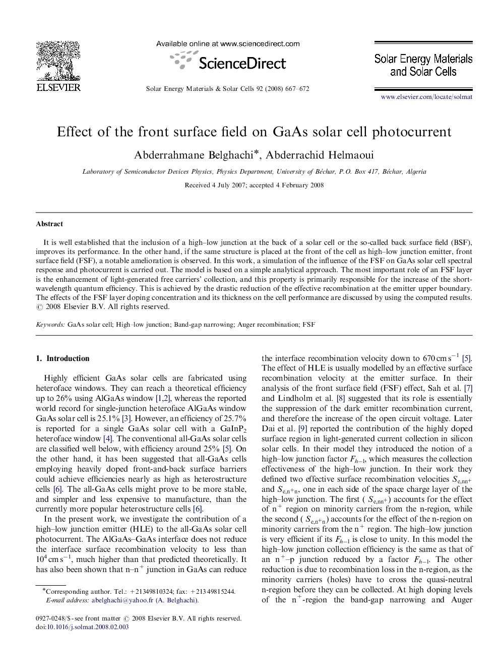 Effect of the front surface field on GaAs solar cell photocurrent