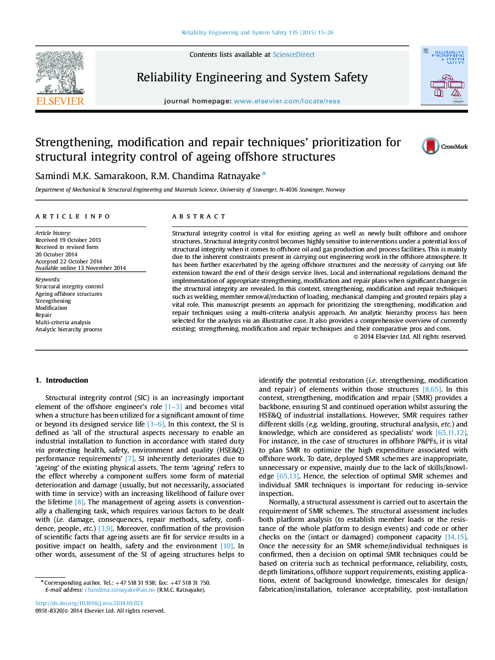 Strengthening, modification and repair techniques’ prioritization for structural integrity control of ageing offshore structures