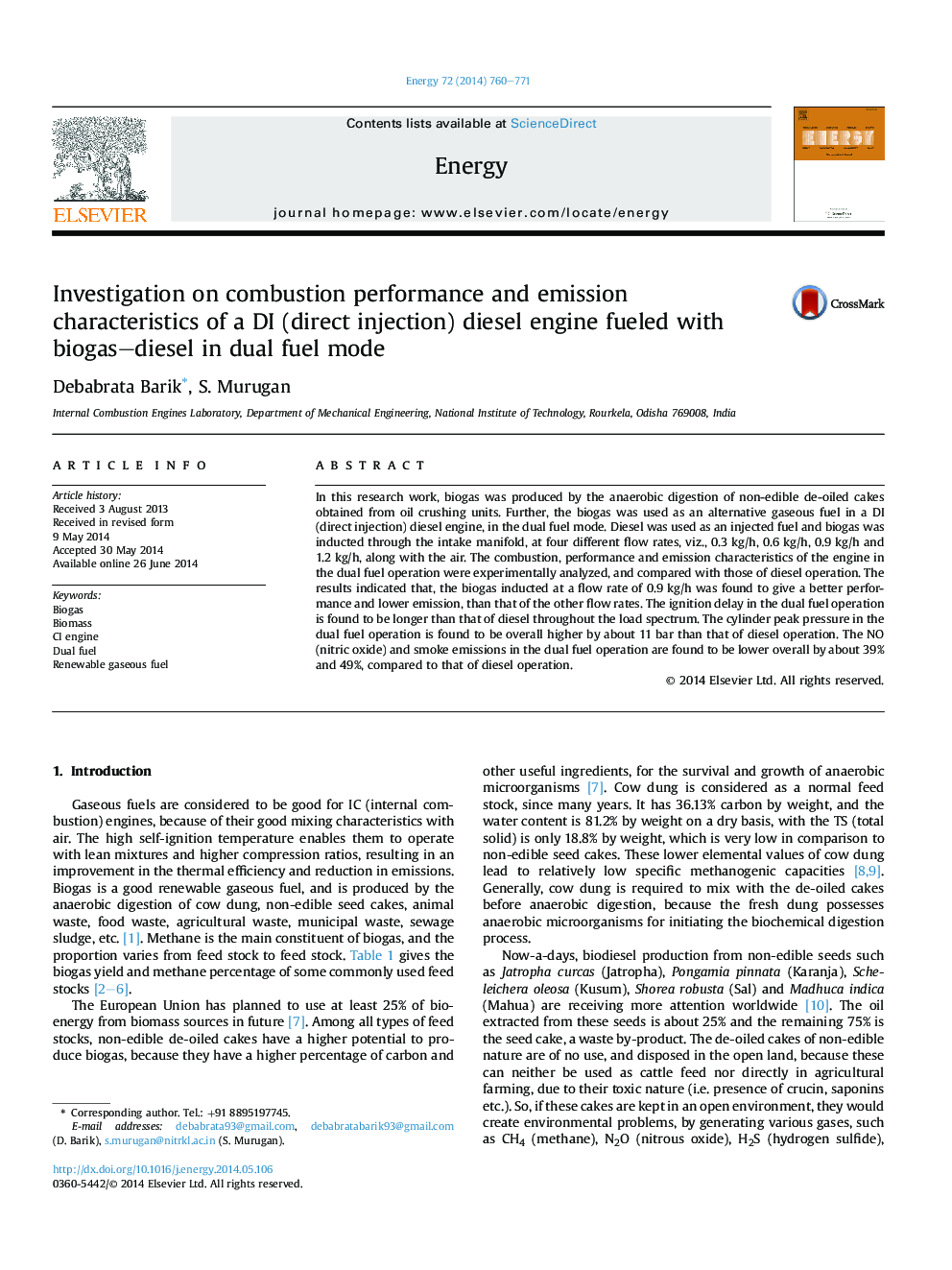 Investigation on combustion performance and emission characteristics of a DI (direct injection) diesel engine fueled with biogas-diesel in dual fuel mode