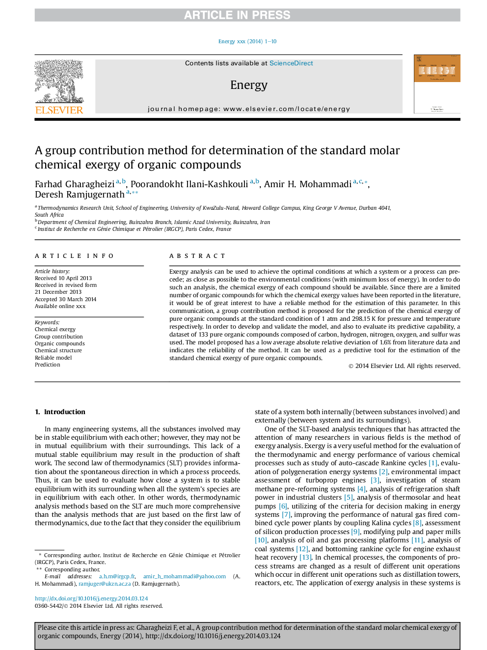 A group contribution method for determination of the standard molar chemical exergy of organic compounds