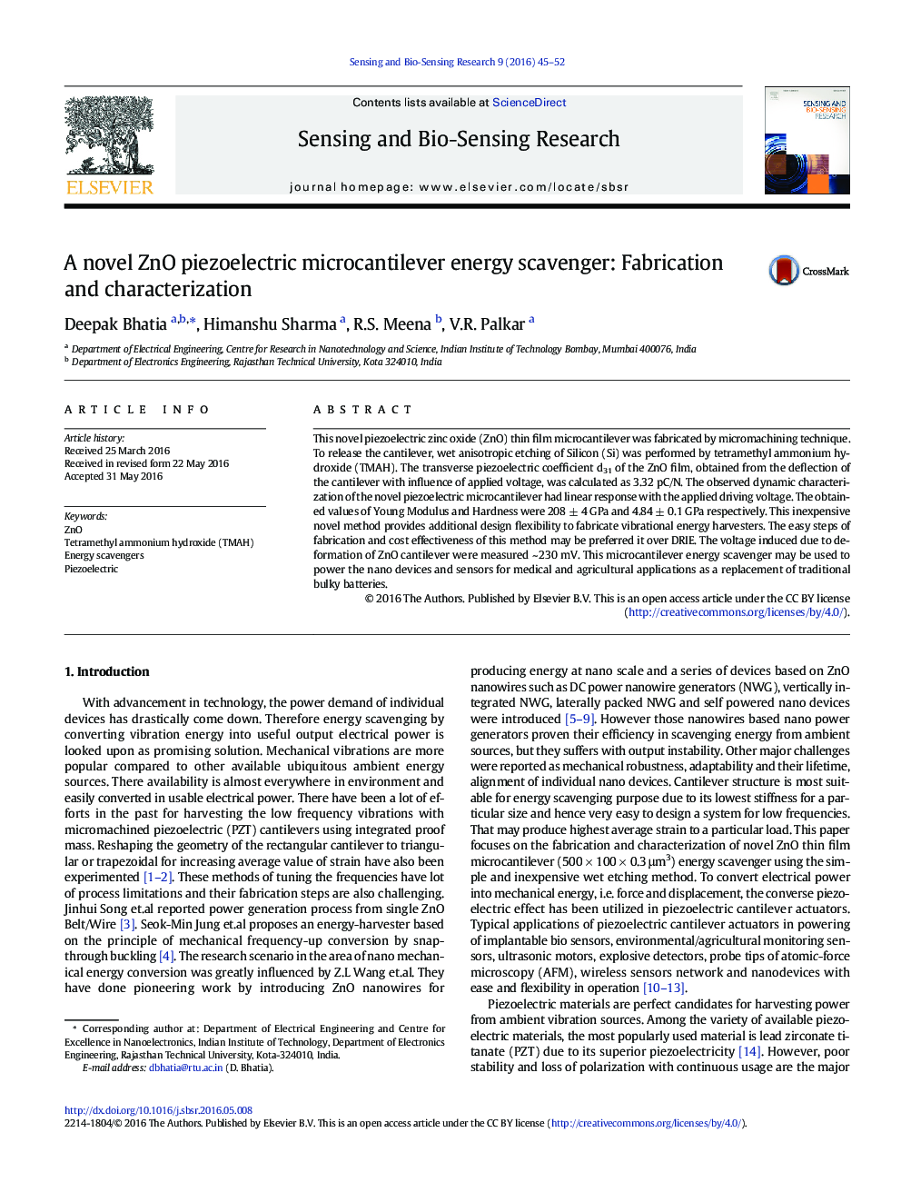 A novel ZnO piezoelectric microcantilever energy scavenger: Fabrication and characterization