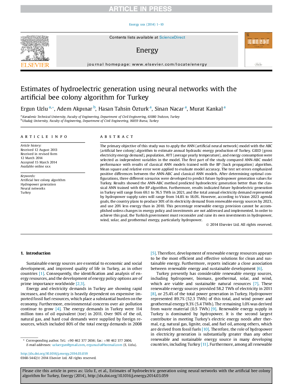 Estimates of hydroelectric generation using neural networks with the artificial bee colony algorithm for Turkey