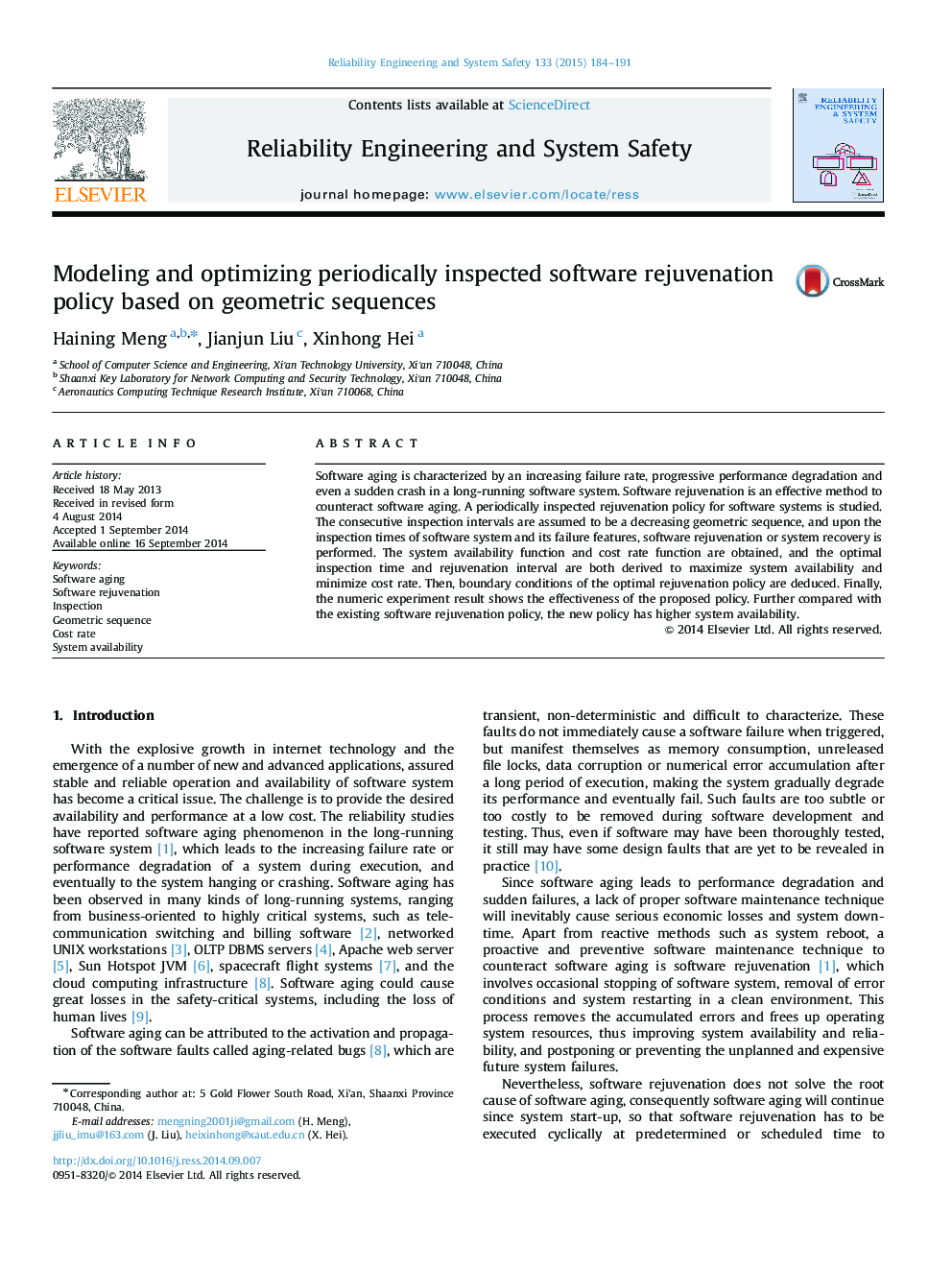 Modeling and optimizing periodically inspected software rejuvenation policy based on geometric sequences