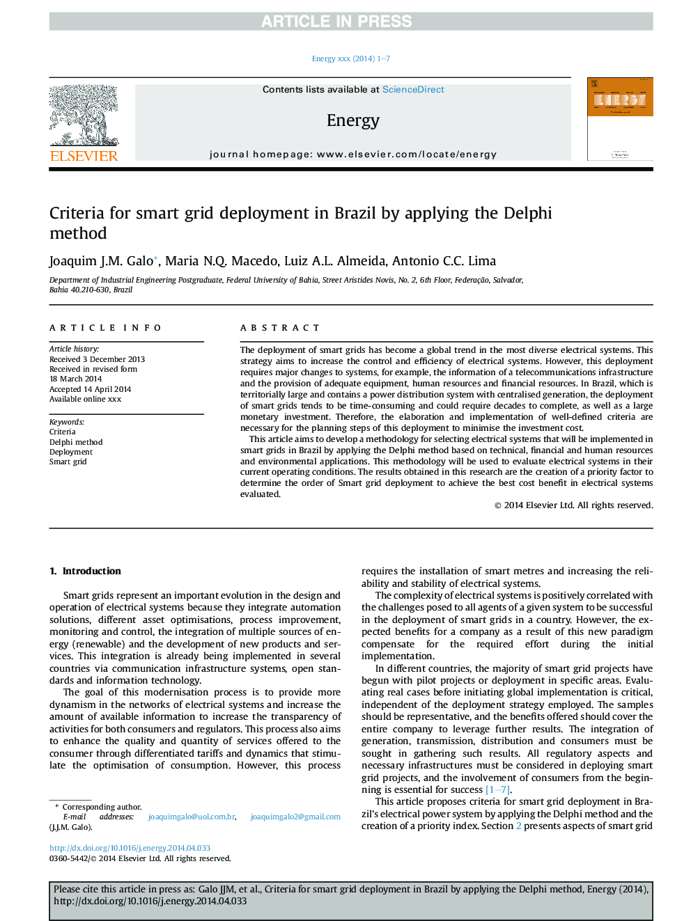 Criteria for smart grid deployment in Brazil by applying the Delphi method