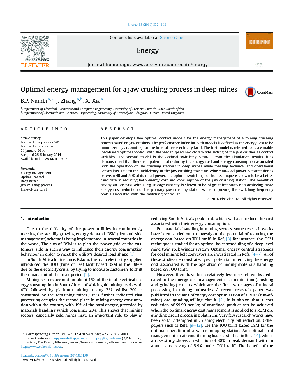 Optimal energy management for a jaw crushing process in deep mines