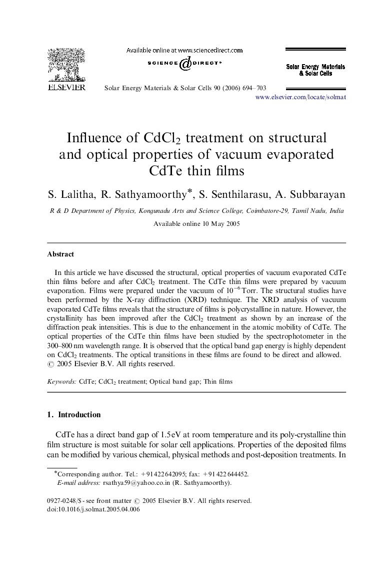 Influence of CdCl2 treatment on structural and optical properties of vacuum evaporated CdTe thin films