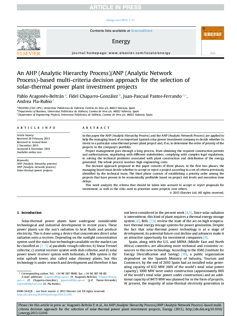 عکس صفحه اول مقاله: An AHP (Analytic Hierarchy Process)/ANP (Analytic Network Process)-based multi-criteria decision approach for the selection of solar-thermal power plant investment projects An AHP (Analytic Hierarchy Process)/ANP (Analytic Network Process)-based multi-criteria decision approach for the selection of solar-thermal power plant investment projects