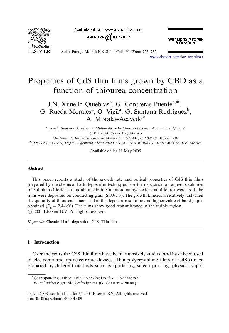 Properties of CdS thin films grown by CBD as a function of thiourea concentration