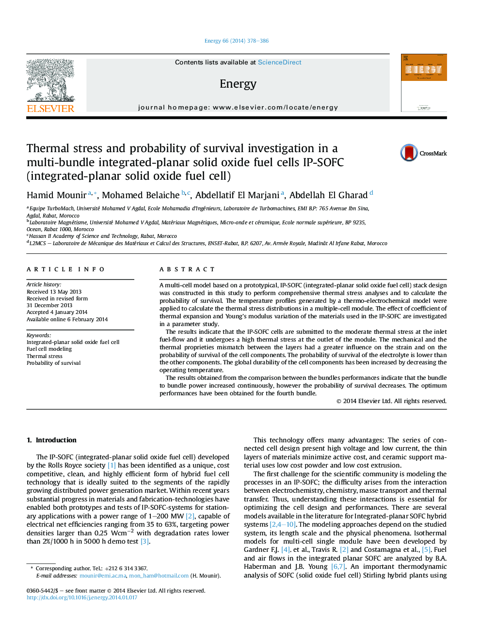 Thermal stress and probability of survival investigation in a multi-bundle integrated-planar solid oxide fuel cells IP-SOFC (integrated-planar solid oxide fuel cell)