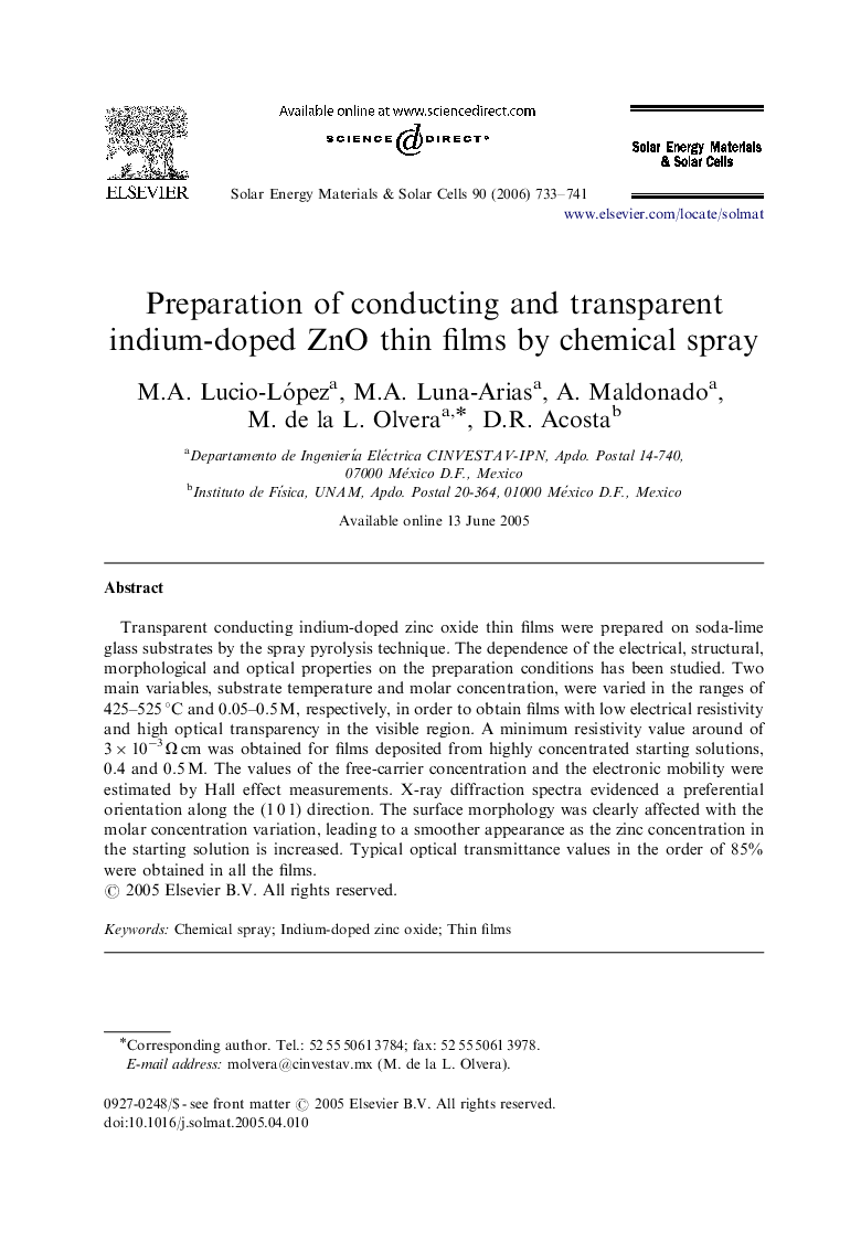 Preparation of conducting and transparent indium-doped ZnO thin films by chemical spray