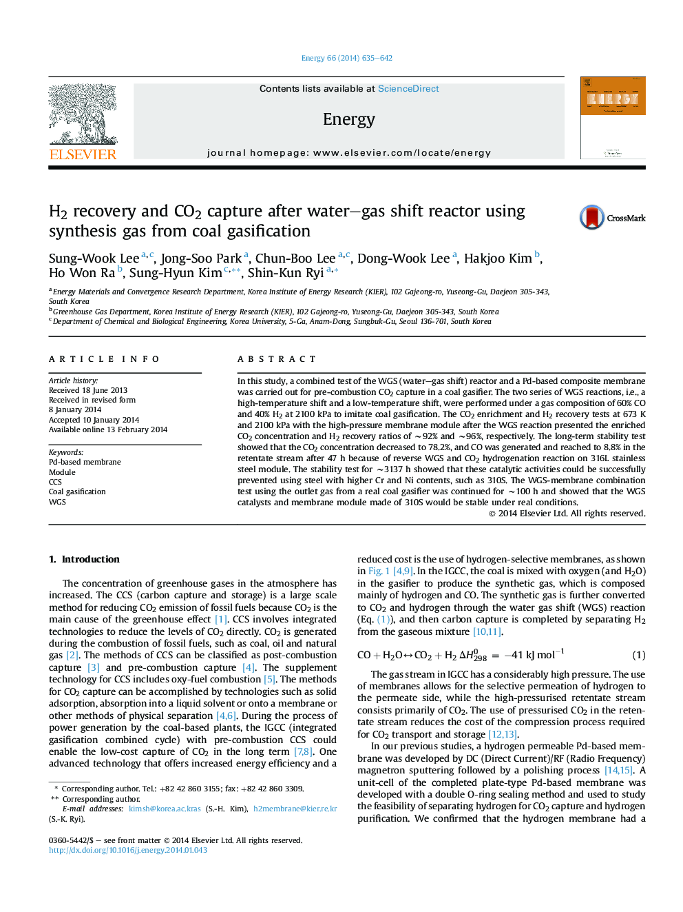 H2 recovery and CO2 capture after water-gas shift reactor using synthesis gas from coal gasification