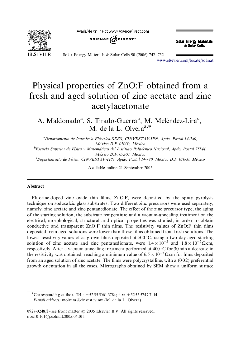 Physical properties of ZnO:F obtained from a fresh and aged solution of zinc acetate and zinc acetylacetonate