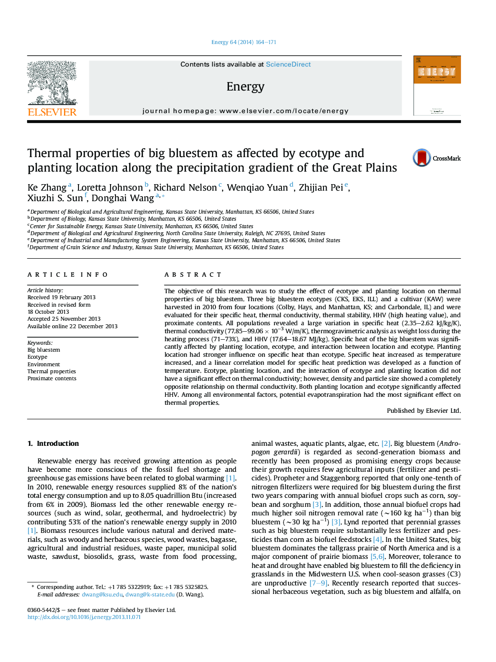 Thermal properties of big bluestem as affected by ecotype and planting location along the precipitation gradient of the Great Plains