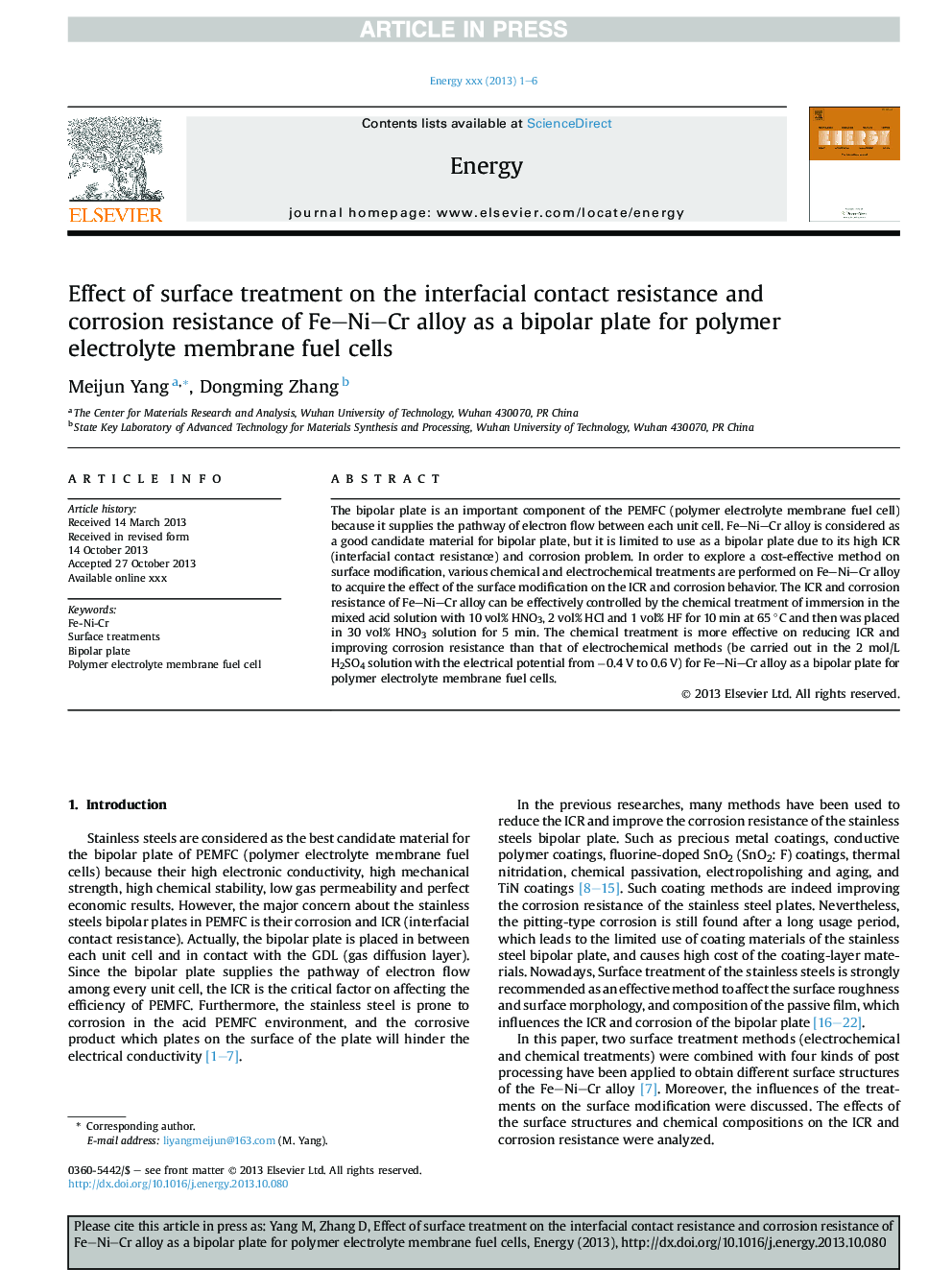 Effect of surface treatment on the interfacial contact resistance and corrosion resistance of Fe-Ni-Cr alloy as a bipolar plate for polymer electrolyte membrane fuel cells