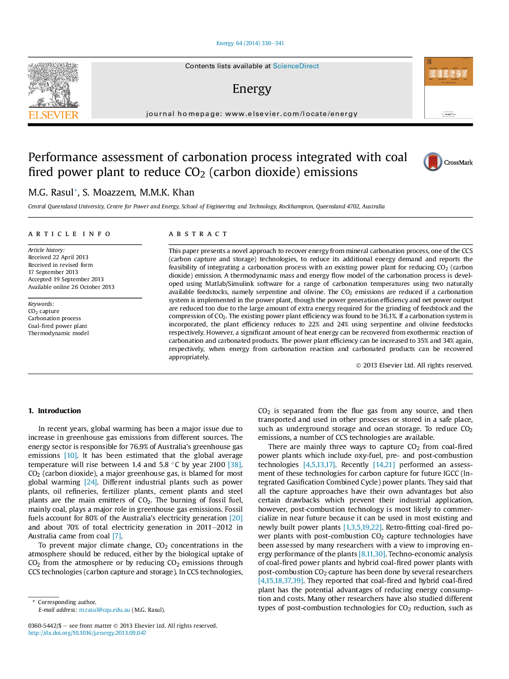 Performance assessment of carbonation process integrated with coal fired power plant to reduce CO2 (carbon dioxide) emissions