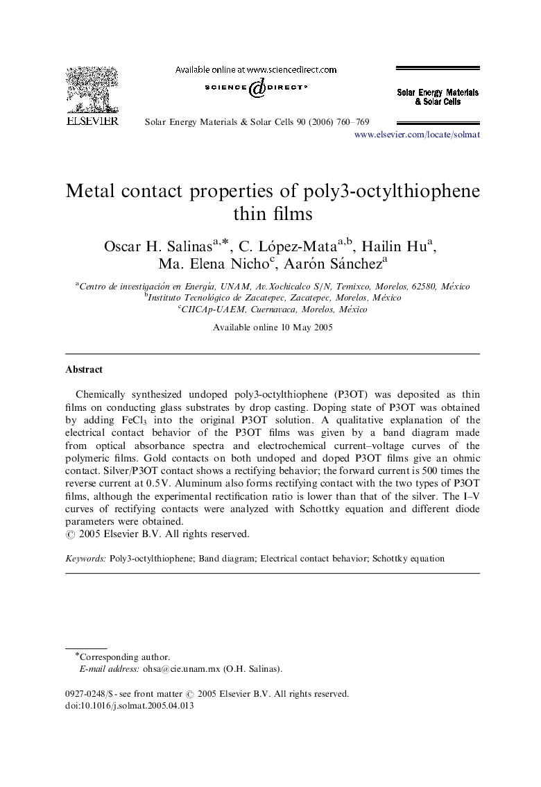 Metal contact properties of poly3-octylthiophene thin films