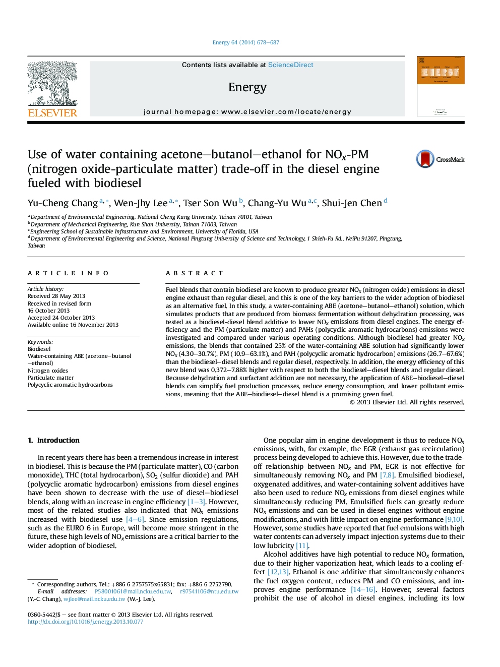 Use of water containing acetone-butanol-ethanol for NOx-PM (nitrogen oxide-particulate matter) trade-off in the diesel engine fueled with biodiesel