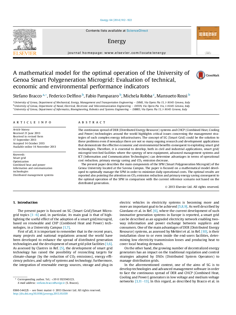 A mathematical model for the optimal operation of the University of Genoa Smart Polygeneration Microgrid: Evaluation of technical, economic and environmental performance indicators