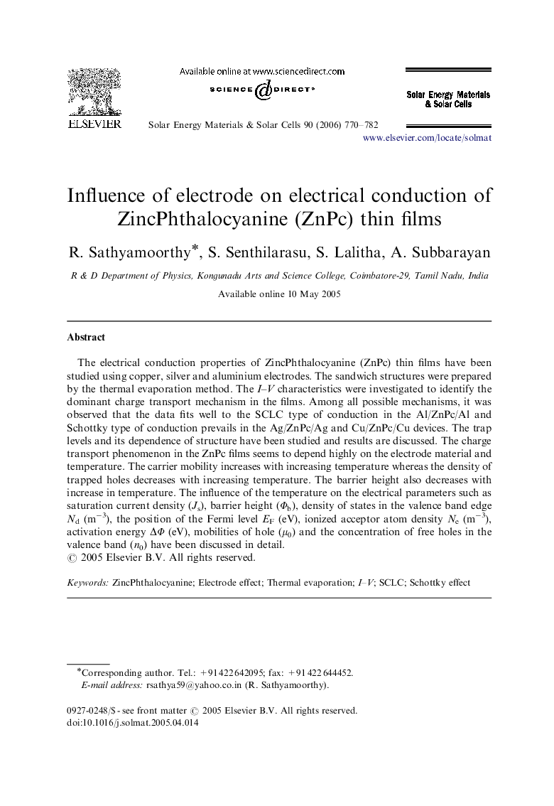 Influence of electrode on electrical conduction of ZincPhthalocyanine (ZnPc) thin films