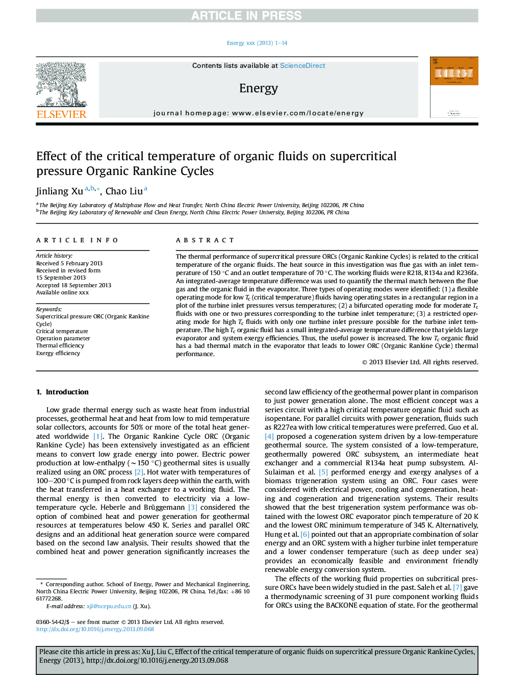 Effect of the critical temperature of organic fluids on supercritical pressure Organic Rankine Cycles