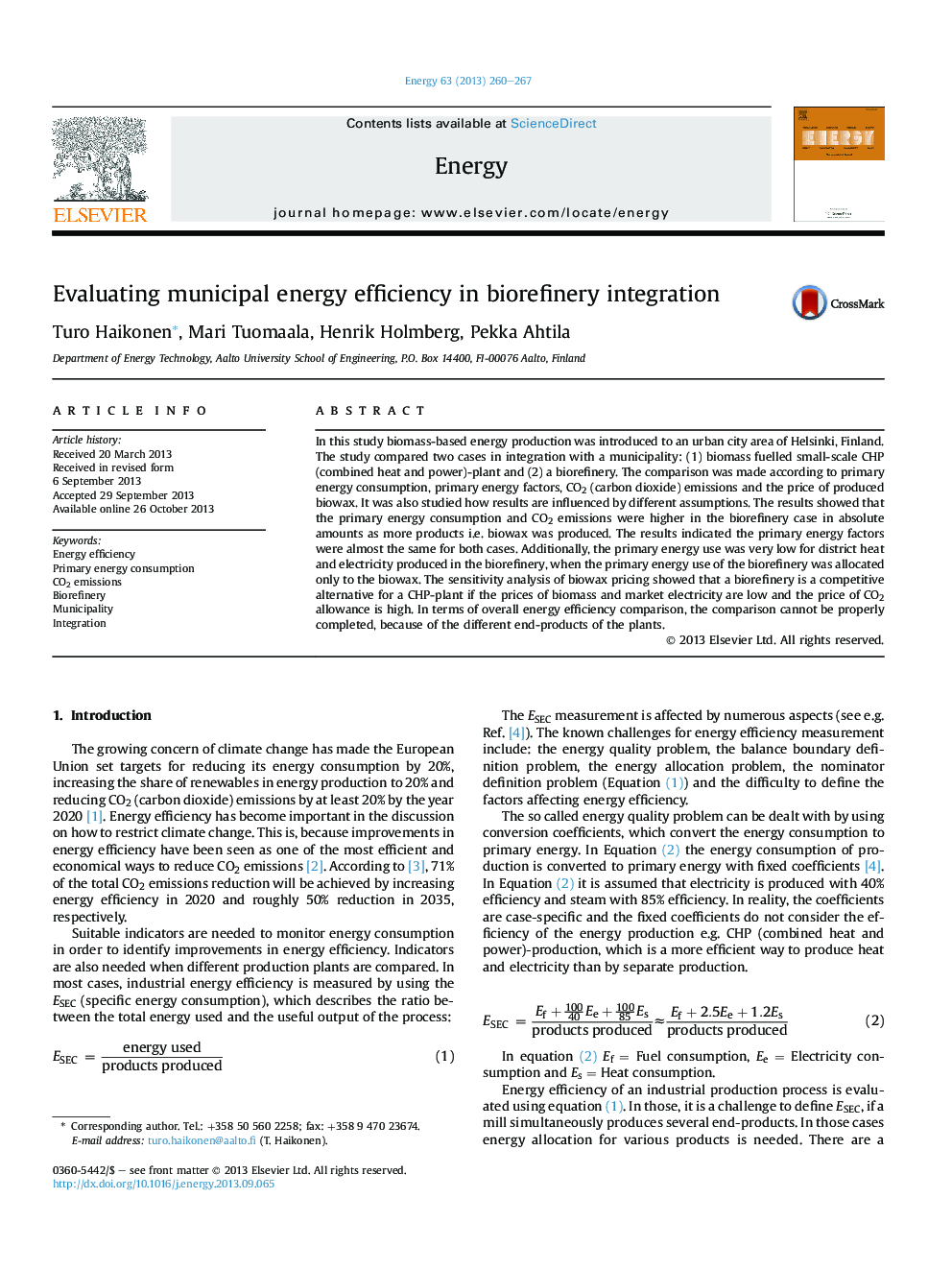 Evaluating municipal energy efficiency in biorefinery integration