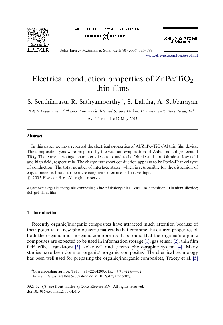 Electrical conduction properties of ZnPc/TiO2 thin films