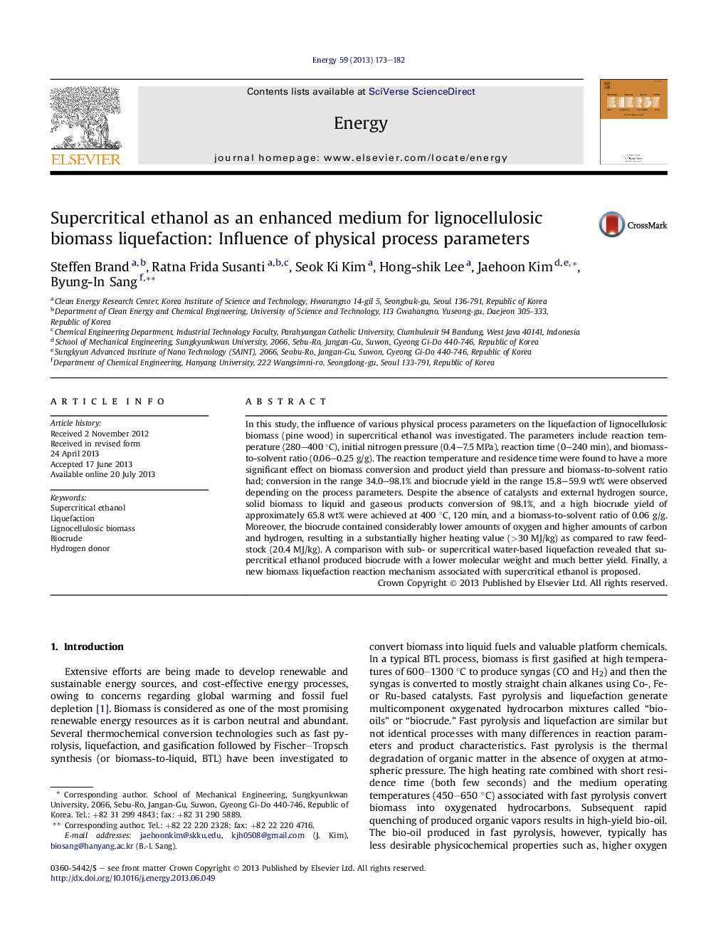 اتانول فوق بحرانی به عنوان یک محیط افزایش یافته برای روانکاری زیست توده لیگنوسلولزیک: تأثیر پارامترهای فیزیکی 