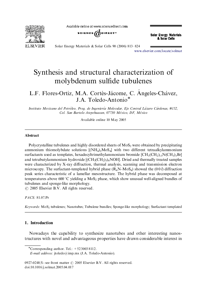 Synthesis and structural characterization of molybdenum sulfide tubulenes