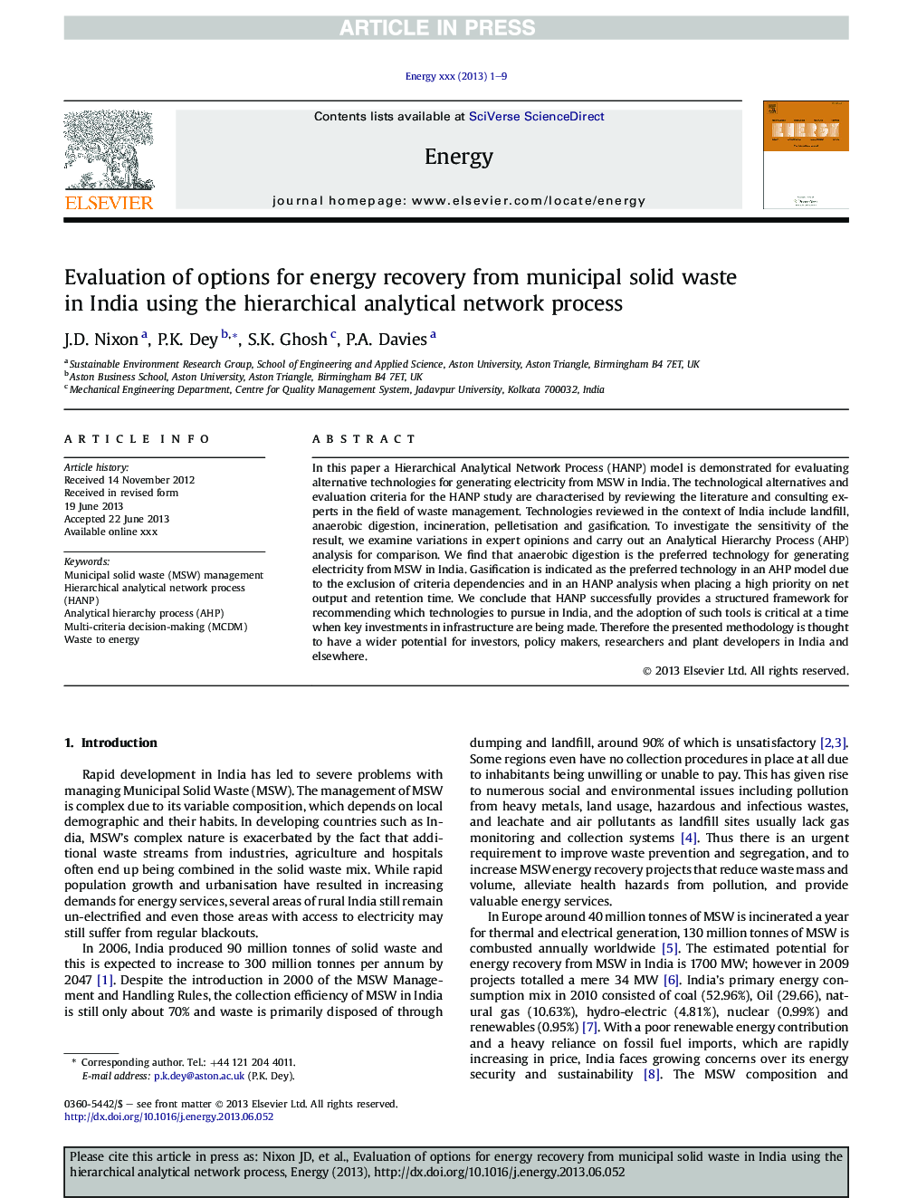 Evaluation of options for energy recovery from municipal solid waste in India using the hierarchical analytical network process