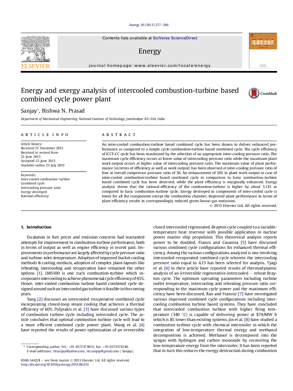 Energy and exergy analysis of intercooled combustion-turbine based combined cycle power plant