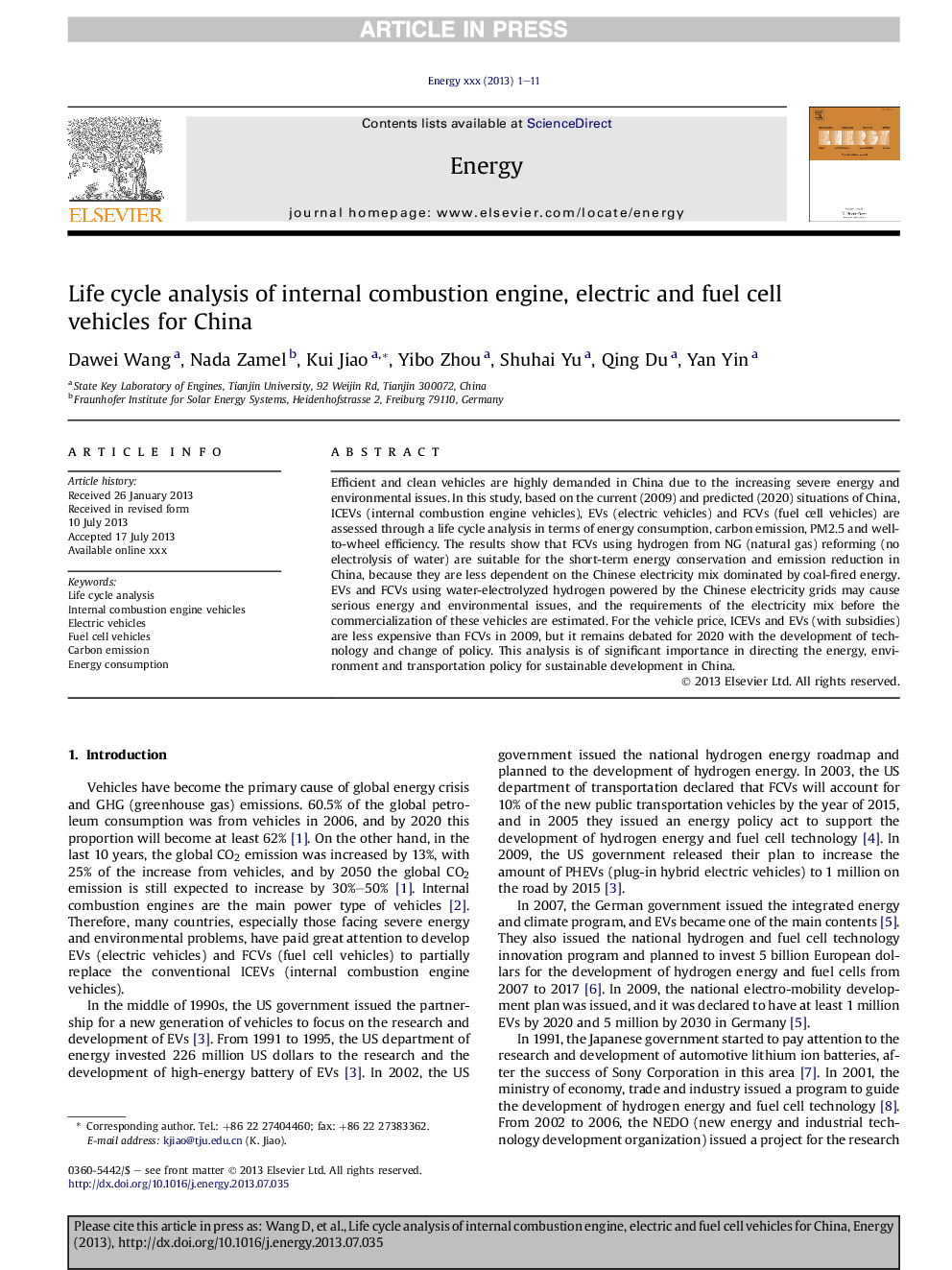 Life cycle analysis of internal combustion engine, electric and fuel cell vehicles for China