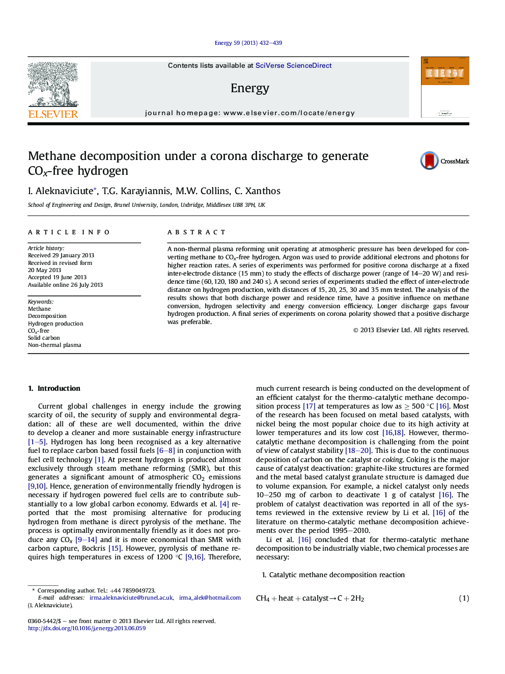 عکس صفحه اول مقاله: Methane decomposition under a corona discharge to generate COx-free hydrogen Methane decomposition under a corona discharge to generate COx-free hydrogen