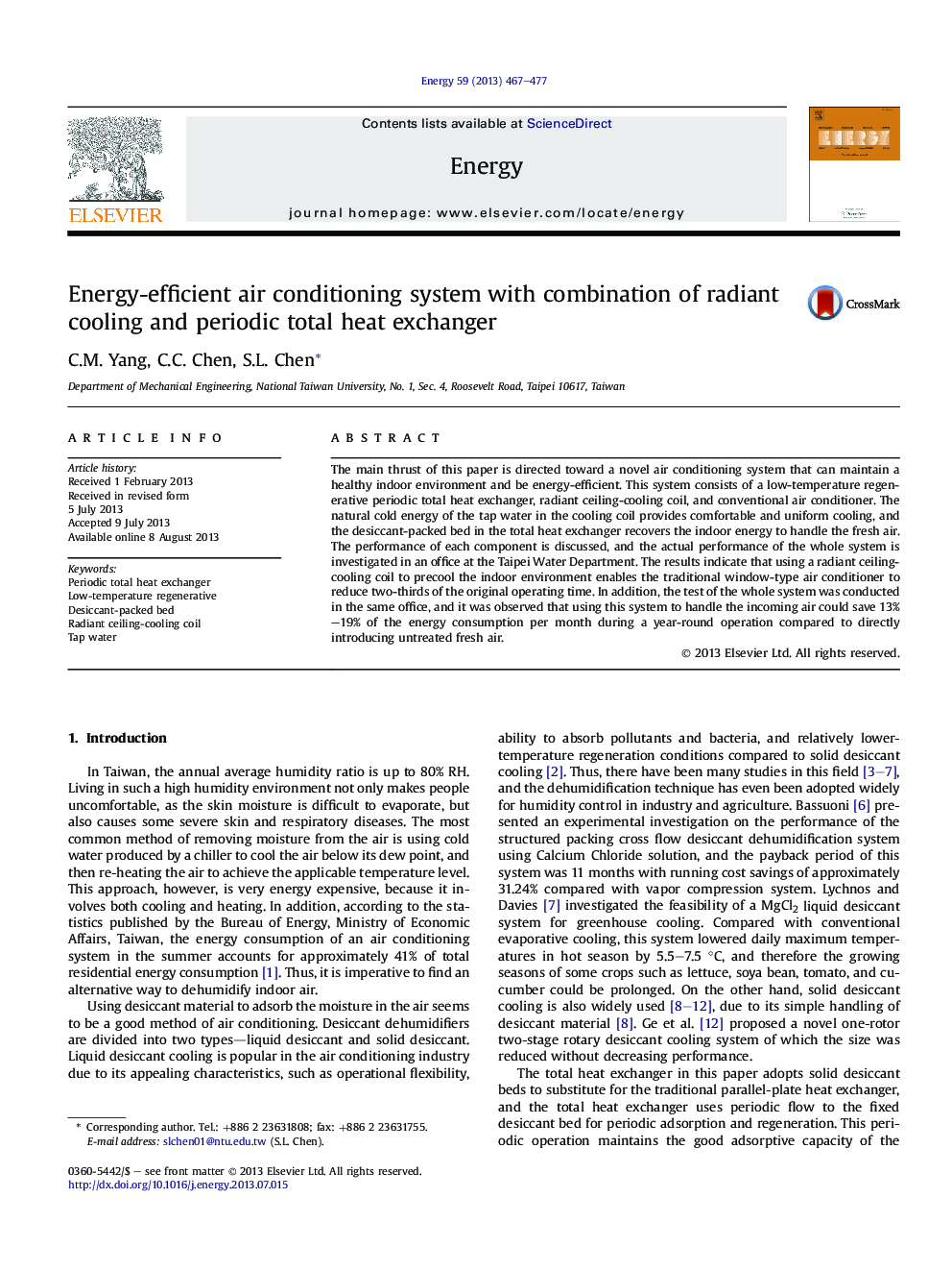 Energy-efficient air conditioning system with combination of radiant cooling and periodic total heat exchanger