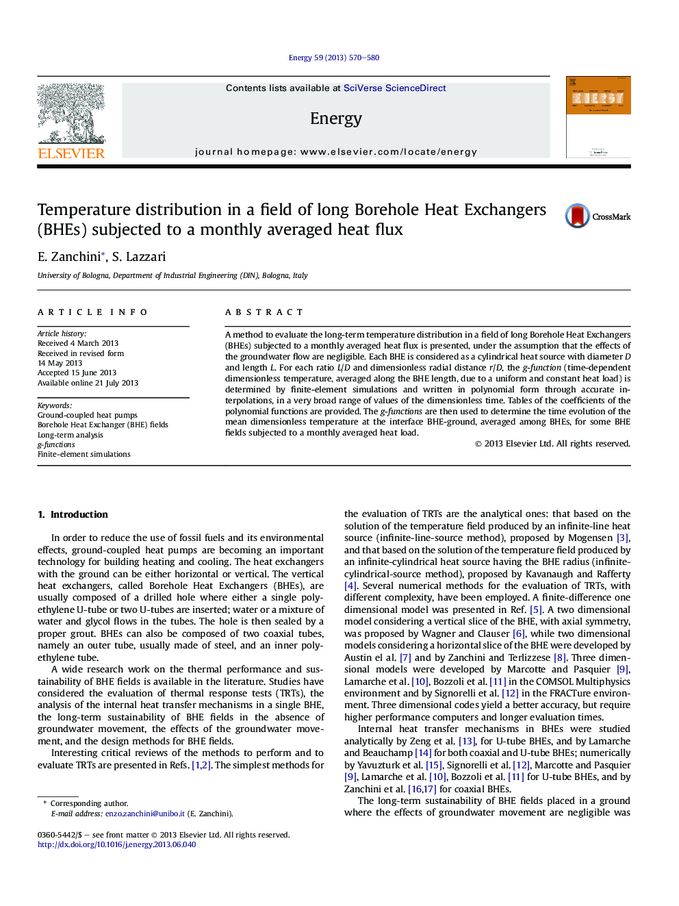 Temperature distribution in a field of long Borehole Heat Exchangers (BHEs) subjected to a monthly averaged heat flux