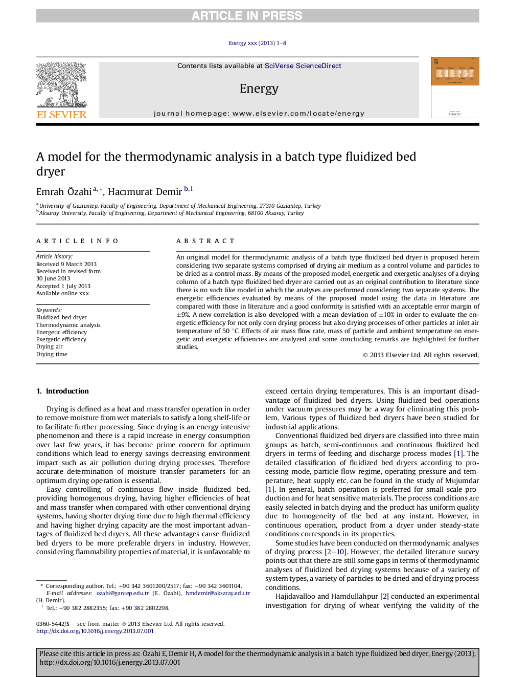 A model for the thermodynamic analysis in a batch type fluidized bed dryer