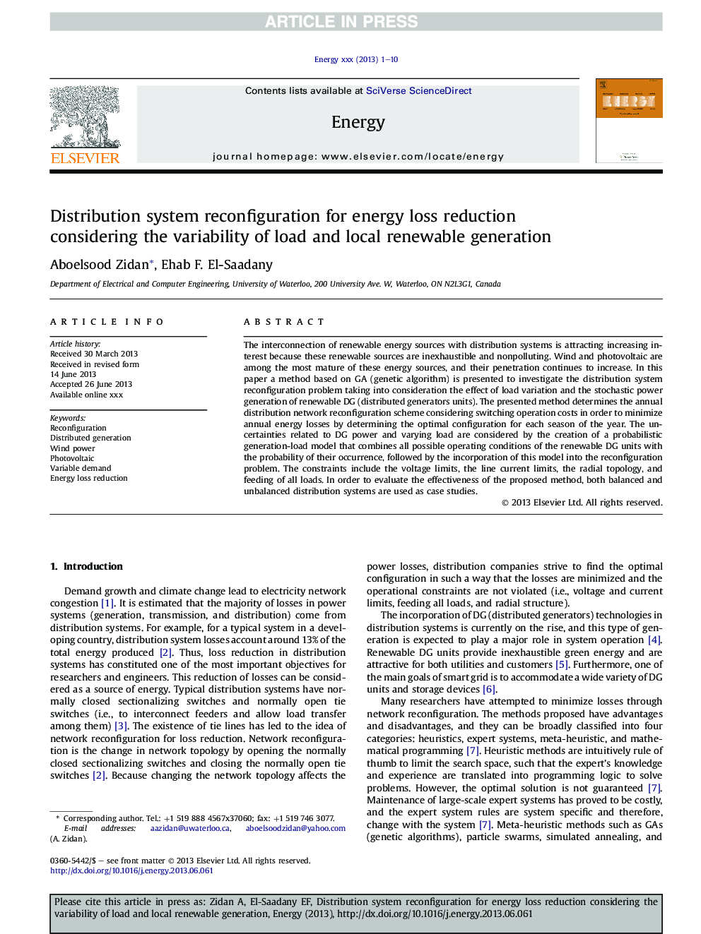 Distribution system reconfiguration for energy loss reduction considering the variability of load and local renewable generation