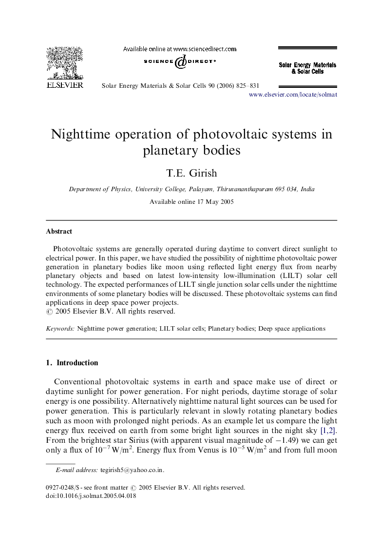 Nighttime operation of photovoltaic systems in planetary bodies