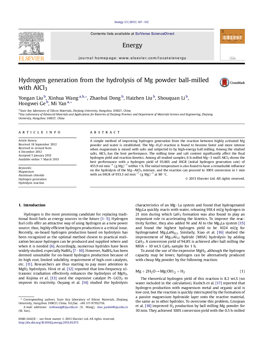 عکس صفحه اول مقاله: Hydrogen generation from the hydrolysis of Mg powder ball-milled with AlCl3 Hydrogen generation from the hydrolysis of Mg powder ball-milled with AlCl3
