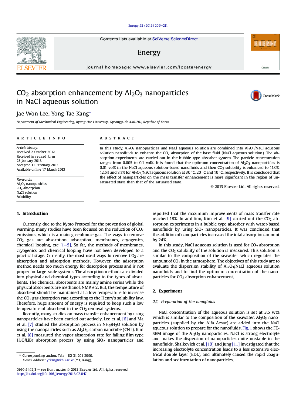 CO2 absorption enhancement by Al2O3 nanoparticles in NaCl aqueous solution