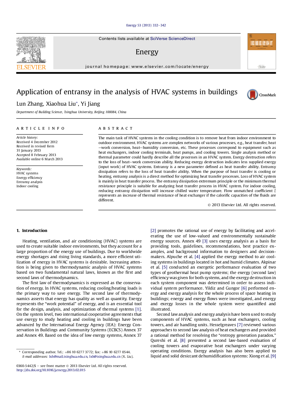 Application of entransy in the analysis of HVAC systems in buildings